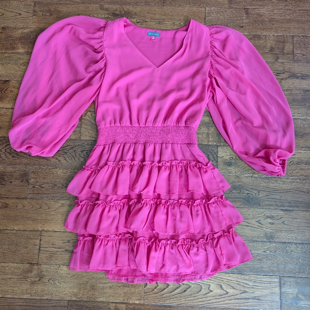 EUC Vince Camuto Hot Pink Dress 3/4 Balloon Sleeve Ruffled Layered Size Medium